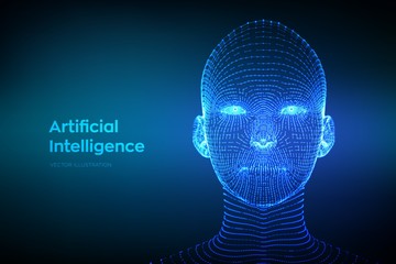 Obraz premium AI. Artificial intelligence concept. Ai digital brain. Abstract digital human face. Human head in robot digital computer interpretation. Robotics concept. Wireframe head concept. Vector illustration.