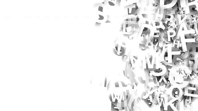A collection of letters slow moving randomly on an isolated white background, 3D abstract animation with random letters