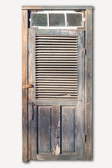 Old tatty wooden door with flaking paint in sunshine on white background