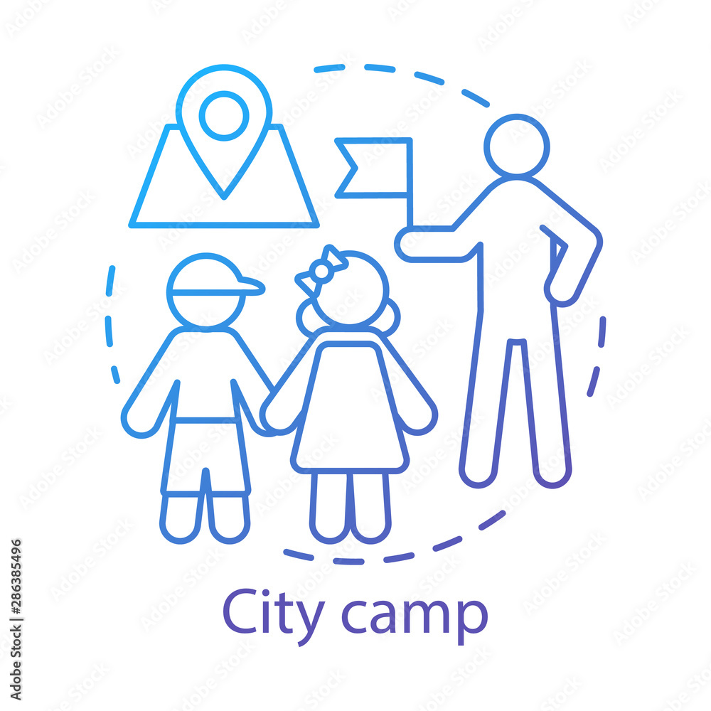 Sticker city camp concept icon. summer urban children club, holiday pastime idea thin line illustration. exp