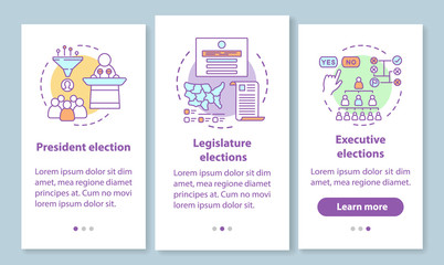 Elections onboarding mobile app page screen with linear concept. President, legislature, executive election. Three walkthrough steps graphic instructions. UX, UI, GUI vector template with illustration