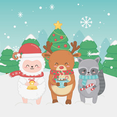 happy merry christmas card with group of animals