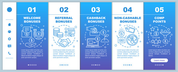 Casino bonuses onboarding mobile web pages vector template. Reward program. Responsive smartphone website interface idea with linear illustrations. Webpage walkthrough step screens. Color concept