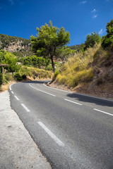 Fototapeta na wymiar Curved asphalt road with mountains background