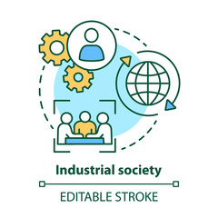 Industrial society concept icon. Mass production technology idea thin line illustration. Labor industrialization. Technological innovation. Vector isolated outline drawing. Editable stroke