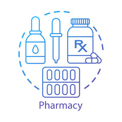 Pharmacy concept icon. Pharmacological products. Medicine, drugs in tablets, drops, capsules. Treatment plan. Drugstore idea thin line illustration. Vector isolated outline drawing. Editable stroke