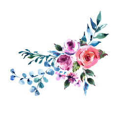 Summer Watercolor Floral Greeting Card. Pink Watercolor Roses, Wildflowers, Twigs, Leaves, Buds