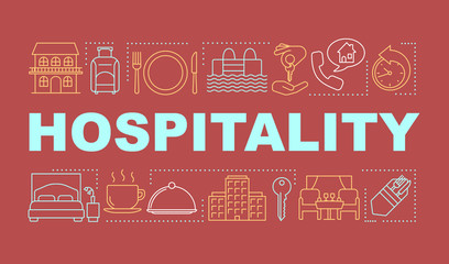 Hospitality word concepts banner. Lodging industry. Restaurant and hotel service. Presentation, website. Isolated lettering typography idea with linear icons. Vector outline illustration