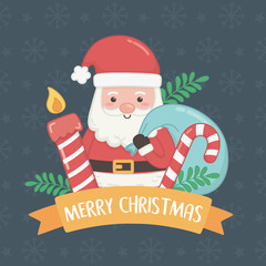 merry merry christmas card with santa claus and sweet cane