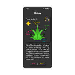 Biology science smartphone interface vector template. Mobile app page black design layout. Photosynthesis description screen. Flat UI for application. School subject self-study phone display
