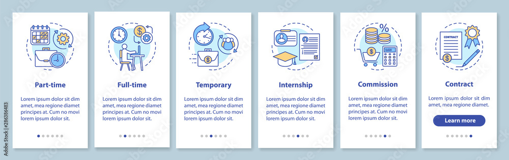 Poster jobs types onboarding mobile app page screen with linear concepts. part-time, full-time, temporary, 