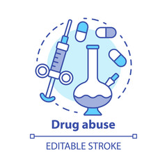 Drug abuse concept icon. Narcotic, opioid addiction idea thin line illustration. Bong, syringe and pills. Cocaine, heroin and marijuana. Substance abuse. Vector isolated drawing. Editable stroke