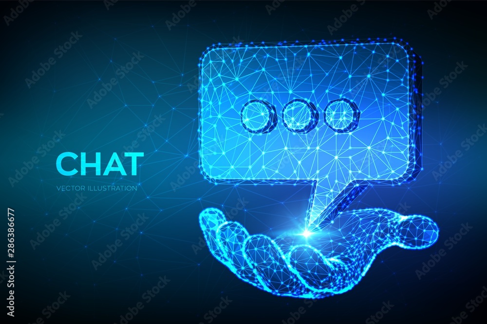 Poster chat icon. low poly abstract chat sign in hand. speech bubble message symbol. dialogue cloud. abstra
