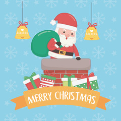christmas card with santa claus and bag inn chimney