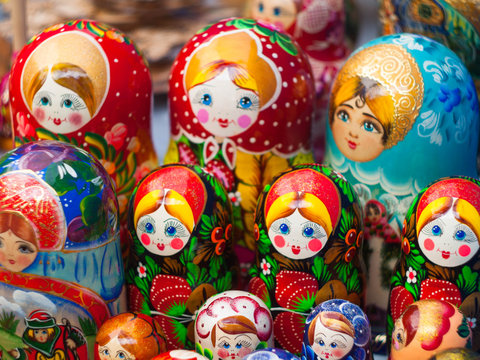 Matryoshka. Russian nesting doll. Wooden toys from Russia, colourful wooden dolls. Traditional Russian souvenir
