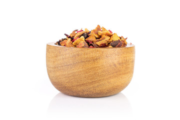 Lot of pieces of lavender strawberry ice tea in wooden bowl isolated on white background