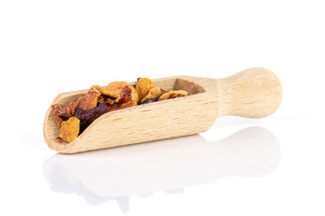 Lot of pieces of lavender strawberry ice tea with scoop isolated on white background