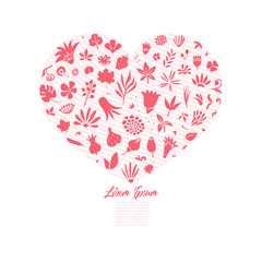greeting card template with floral doodles forming heart sign