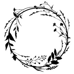 Obraz premium Round floral frame with black silhouettes of meadow herbs. Floral wreath. Wild grass. Vector illustration.