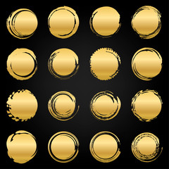 Set of gold round ink dynamic stains. Vector illustration.