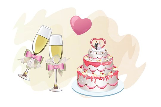 Wedding invitation with a picture of wedding items, cake, wine glasses