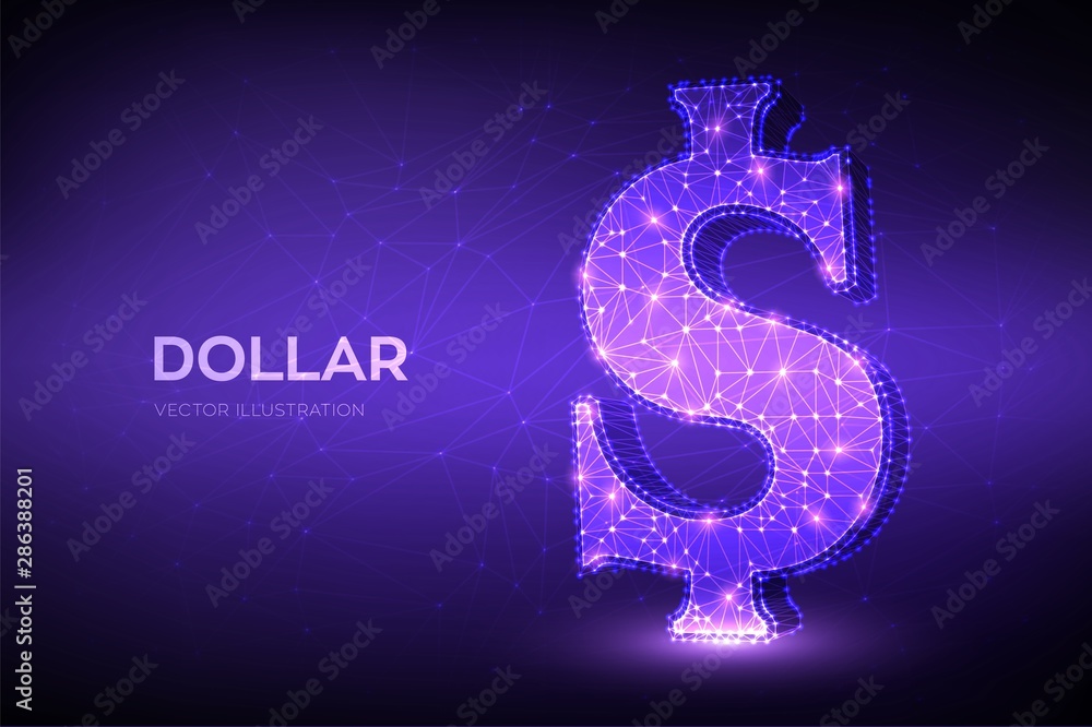 Wall mural Dollar. Low poly abstract mesh line and point United States Dollar sign. USD currency icon. American currency. Cash and money, wealth, payment symbol. 3D polygonal vector illustration.