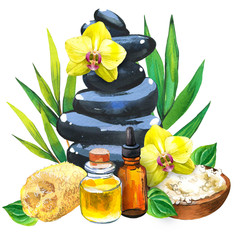 SPA watercolor illustrations with a variety of means for body and face: stones, oil, yellow orchid, bamboo branch with leaves, lotion. Cosmetics for woman. Relaxation in salon
