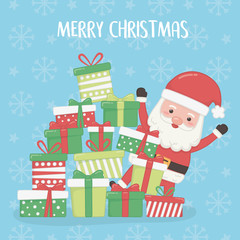 merry merry christmas card with santa claus and gifts