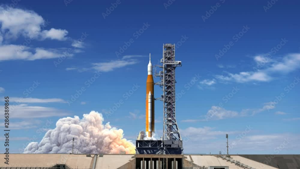 Wall mural takeoff of space launch system. slow motion. full 3d animation. 4k. ultra high definition. 3840x2160