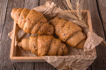 Freshly baked croissants on wooden boards, with wheat eart. Free space for text.