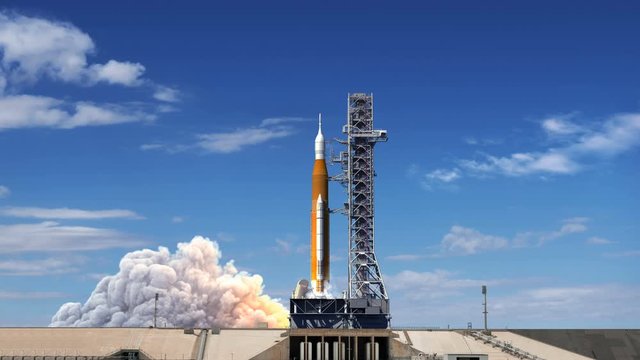 Takeoff Of Space Launch System. Slow Motion. Full 3D Animation. 4K. Ultra High Definition. 3840x2160.