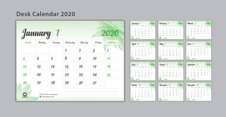 Set Desk Calendar 2020 template Vector, Week Start On Sunday, Planner, Stationery, Printing, advertisement, Green flower background