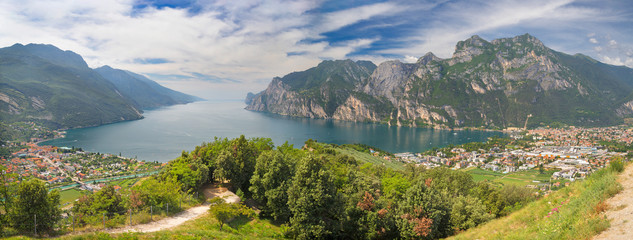 The panorama of Riva del Garda and Torbole with the Lago di Garda lake.
