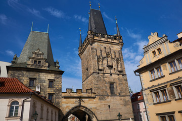 Historic buildings view off the Charles bridge in Prague
