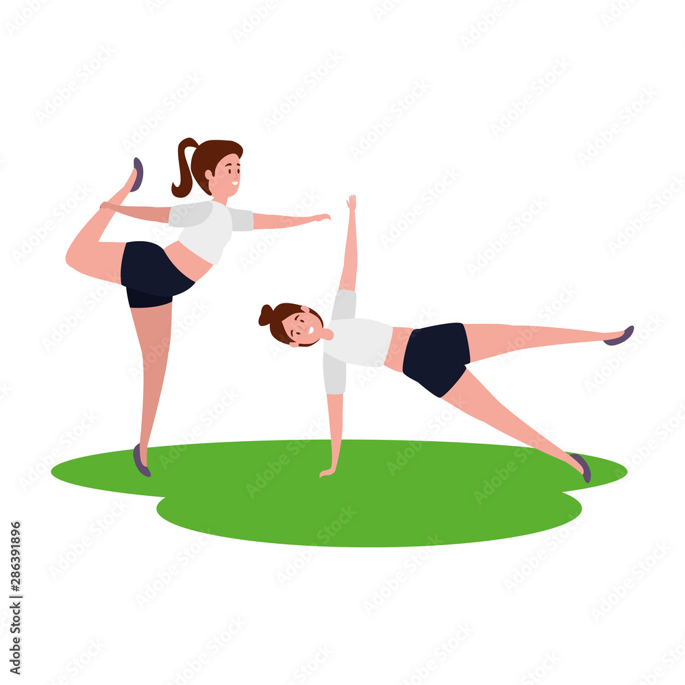 Sticker beauty girls couple practicing pilates in grass