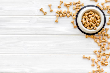 Pet dry food in bowl on white wooden background top view space for text