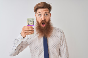 Young redhead irish businessman holding dollars standing over isolated white background scared in shock with a surprise face, afraid and excited with fear expression