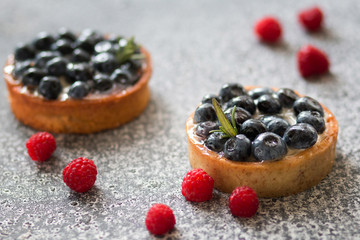 Delicious blueberry tartlets with vanilla custard and fresh cream with raspberry on gray background. Front view. 