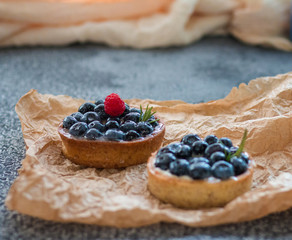 Delicious blueberry tartlets with vanilla custard and fresh cream with raspberry on gray background. Front view. 
