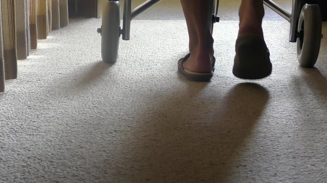 Legs of older retired senior woman at home mobile with support of walking frame.