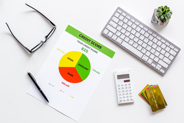 credit score with bank cards and keyboard on white background top view