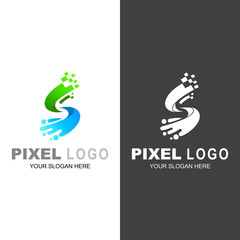 S logo, Pixel letter s logo and swoosh icon, Technology symbol