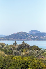 Lake Balaton with the witness hills in the background, Hungary.