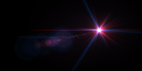 Lens flare light over black background. Easy to add overlay or screen filter over photos.