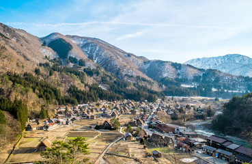 Shirakawa Go (Shirakawa-go) Beautiful Reflection of The Historic Villages and Cherry Blossom Sakura in Spring Season. Shirakawago Traditional Houses in the Gassho Zukuri Style, Gifu, Japan