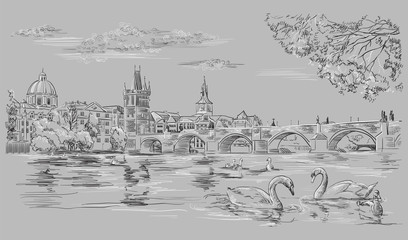 Grey vector hand drawing Prague 8 © alinart