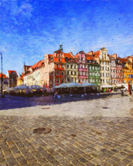 Oil painting view of Wroclaw city in Poland. Travel in europe scene. Old architecture and town elements. Large print for design paper or canvas. Wall art contemporary impressionism decoration.