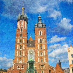 Fototapeta na wymiar Oil painting view of Wroclaw city in Poland. Travel in europe scene. Old architecture and town elements. Large print for design paper or canvas. Wall art contemporary impressionism decoration.