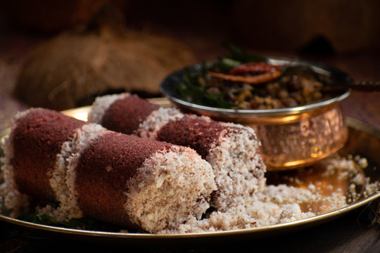 Millet Puttu- Indian Steamed Millet Flour Cakes, Layered with Coconut, Served with Chickpea Curry