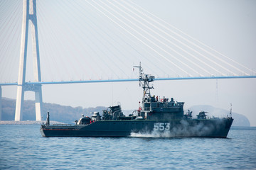 A Russian military ship stands on a roadstead in Peter the Great Bay near Vladivostok
